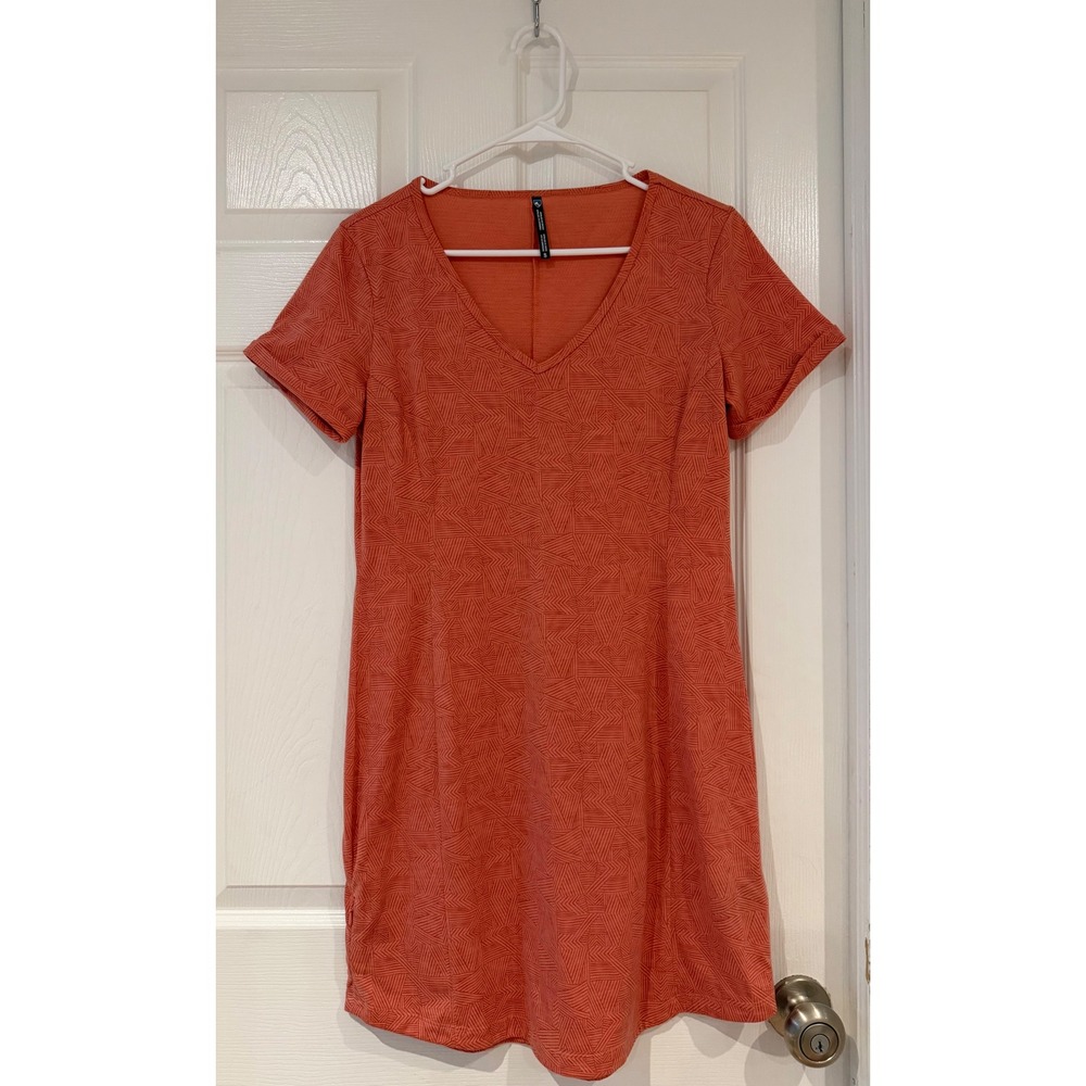 Kuhl Dress Small Coral Orange Geometric Print V-Neck Short Sleeve Pocket Hiking